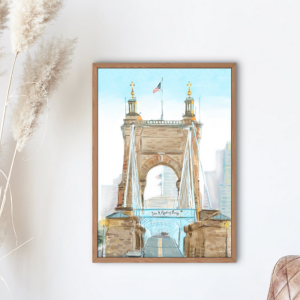 Cincinnati Roebling Bridge Wall Art: Hand Painted Watercolor Ohio Kentucky