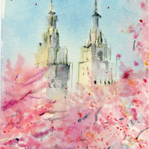 New York Cherry Blossoms in Central Park Hand-Painted Watercolor Postcard, Art