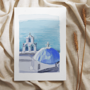 Greek Santorni Island Wall Art Watercolor, Hand Painted Decor Gift, Modern minimalist