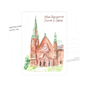 First Congregational Church Natick Postcard Wall Art Watercolor Hand Painted