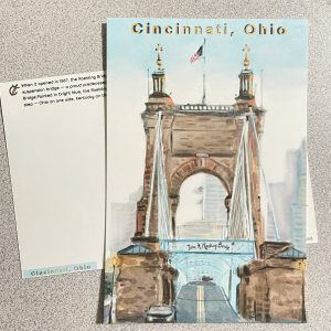 Cincinnati Roebling Bridge Postcard: Hand Painted Watercolor Art Ohio Kentucky