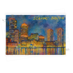 Boston Seaport Night Skyline Postcard Wall Art Watercolor - Nocturne