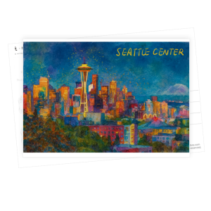 Seattle Night Skyline Postcard Wall Art Watercolor - Nocturne