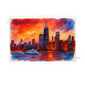 Chicago Night Skyline Postcard Wall Art Watercolor - Nocturne