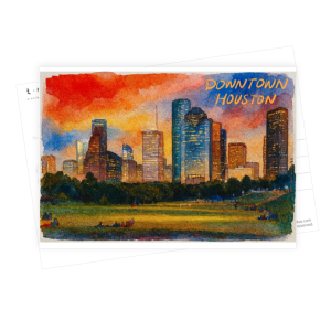 Houston Night Skyline Postcard Wall Art Watercolor - Nocturne