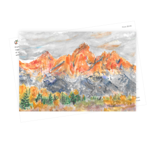 Grand Teton Postcard Wall Print Utah Hand Painted Travel Wall Decor Gift Watercolor US National Park Landscape Art Picture for Room Kitchen