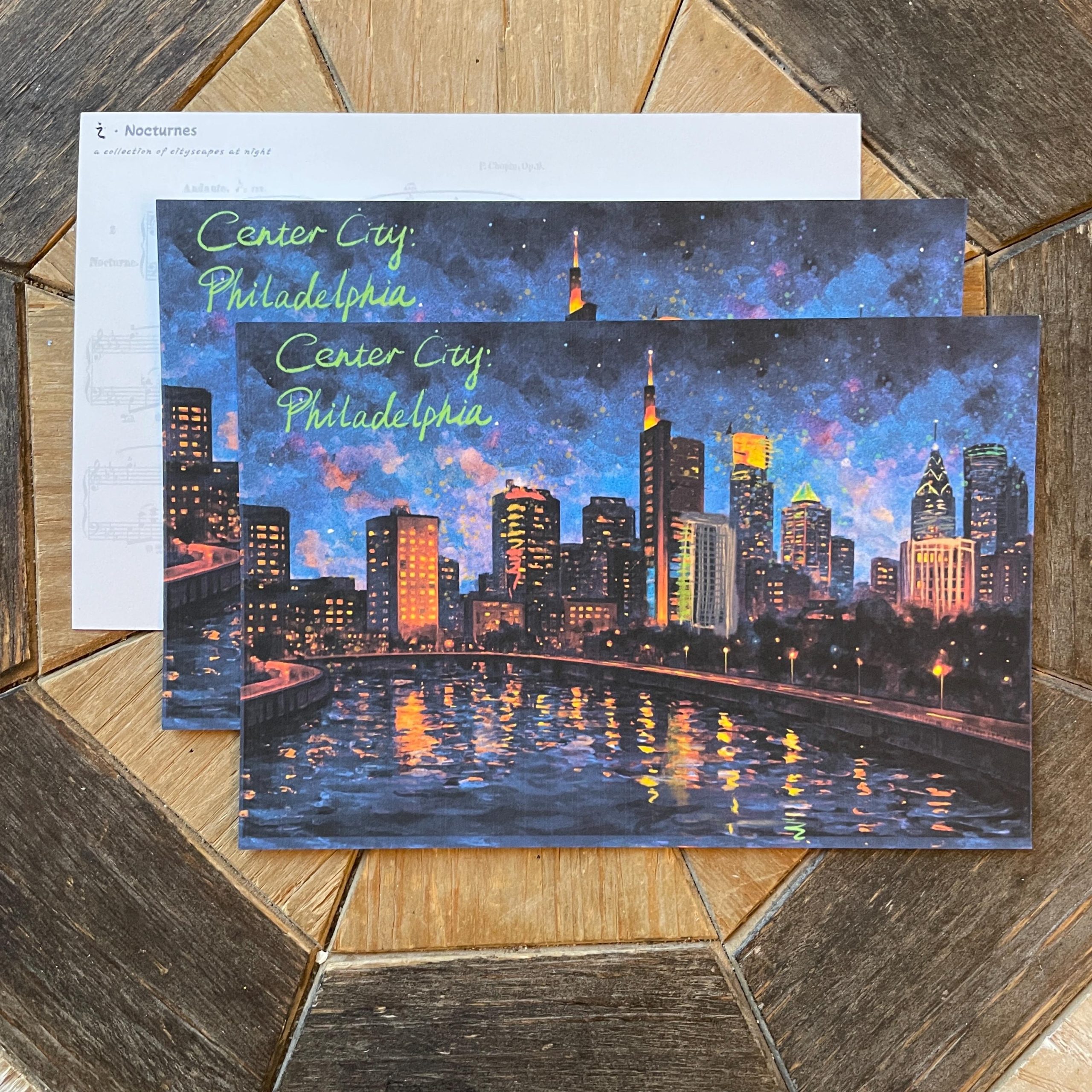 Philadelphia Night Skyline Postcard Wall Art Watercolor - Nocturne