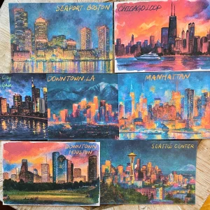 Nocturne Pack of 7 Night Skyline Watercolor Postcard, California, NYC, IL, Boston, Houston, LA, Philly