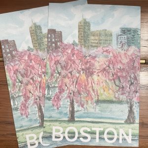 Boston Charles River Cherry Blossoms Hand-Painted Watercolor Postcard, Art
