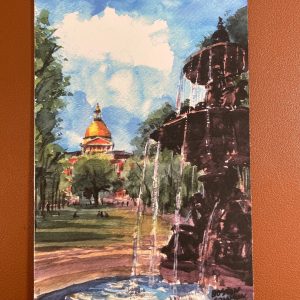 Boston Common Park Spring Watercolor Hand Painted Postcard