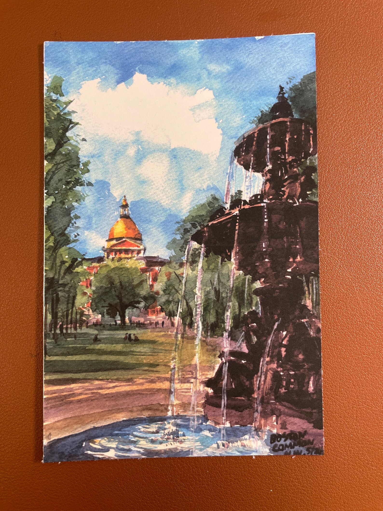 Boston Common Park Spring Watercolor Hand Painted Postcard