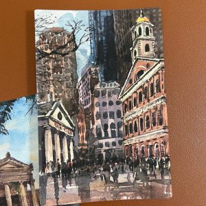Boston Quincy Market, Faneuil Hall, Watercolor Hand Painted Postcard Wall Art